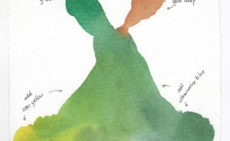 swatch showing mixtures of phthalo green, quin gold deep, azo yellow and ultramarine blue