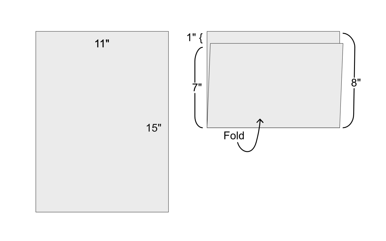 diagram showing quarter-sheet (11 x15") folded into a 7 x 11" and an 8 x 11" section