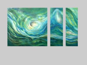 Triptych with water shapes and colors. Painting by Lynne Baur.