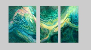 Triptych with water shapes and colors, painting by Lynne Baur